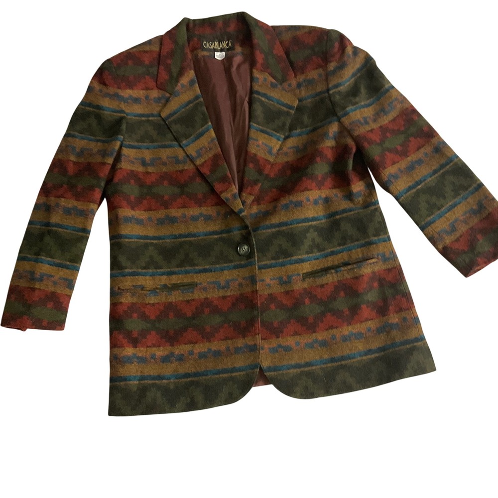 Casablanca‎ Vintage Aztec Geometric Pattern Blazer Jacket Size 12 Wool Blend